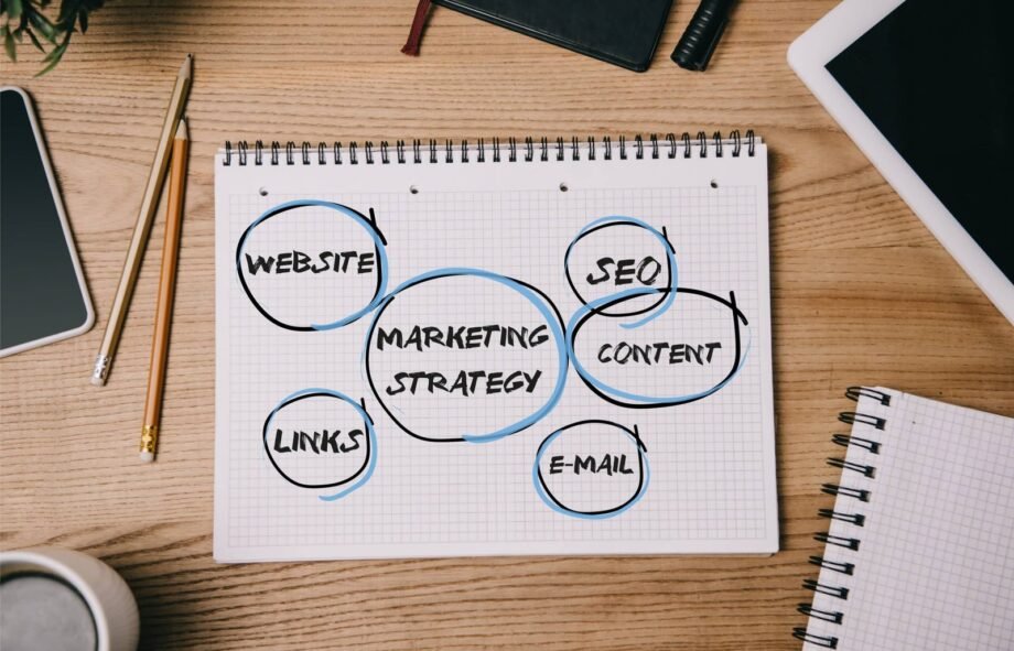 top view of business supplies, digital devices and notebook with marketing strategy on workplace