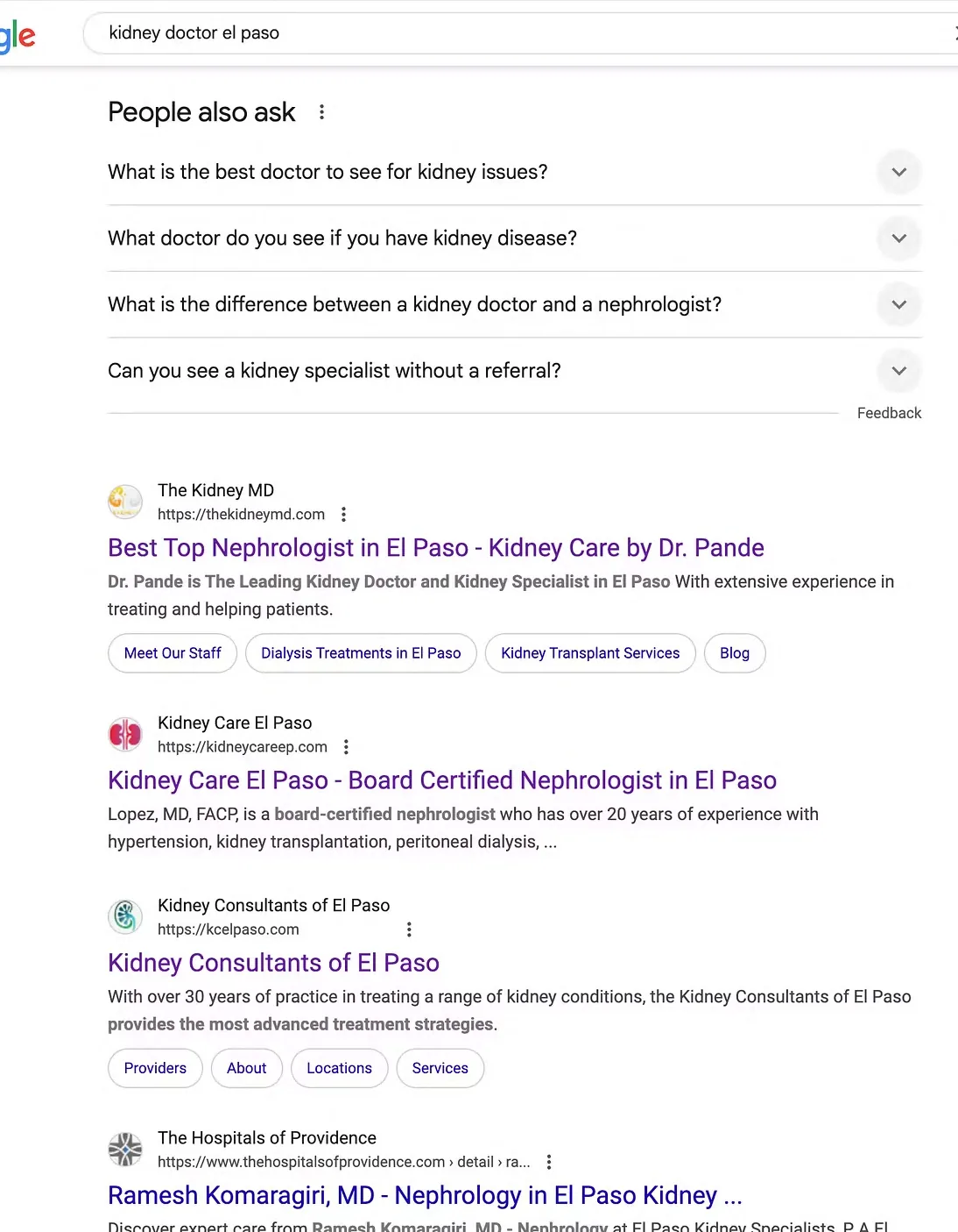 Google search results for kidney doctor el paso with The Kidney MD in the number one organic position